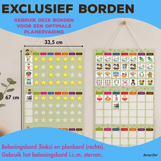 Twee planborden voor kinderen. Links een beloningsbord, rechts een dagelijks planbord met pictogrammen.
