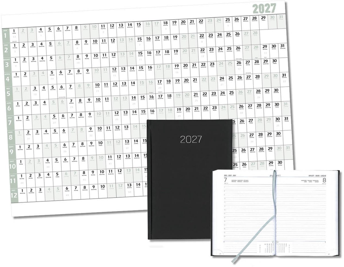 MGPcards - Bureau Dag-agenda 2027 - H42 Padua - A5 - 1 dag per pagina - 6-talig - Gewatteerde omslag - 14.8 x 21 cm - Mat Zwart + Jaar kalender - Kalender 2027 - Wandplanner - Jaarplanner - Grote planner - A1 formaat - Poster - 84 x 60 cm