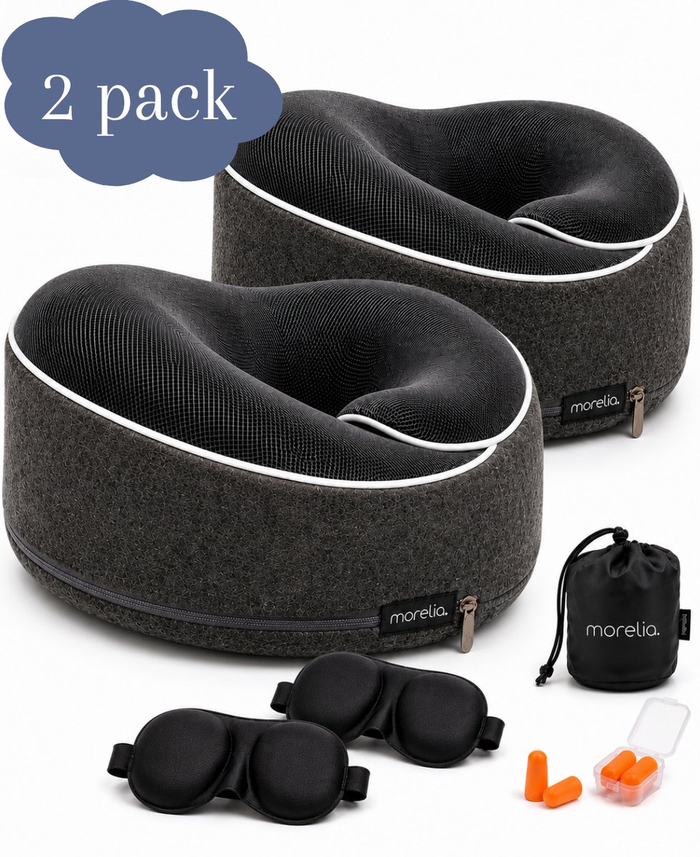 Bol.com Morelia® 2x Volledige Set Nekkussen Donker Grijs - Luxe Reiskussen voor het Vliegtuig en de Auto - Traagschuim aanbieding