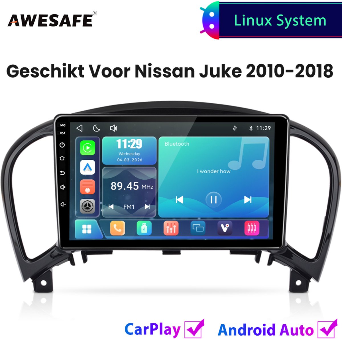 Awesafe Autoradio - Geschikt Voor Nissan Juke 2010 t/m 2018 - Draadloos Carplay Android Auto - Linux systeem - Touchscreen - Bluetooth Wifi - 2010 2011 2012 2013 2014 2015 2016 2017 2018