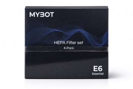 Zwarte verpakking met 'MYBOT' logo en blauwe golvende lijnen. Tekst: 'HEPA Filter set 4-Pack E6 Essential'.