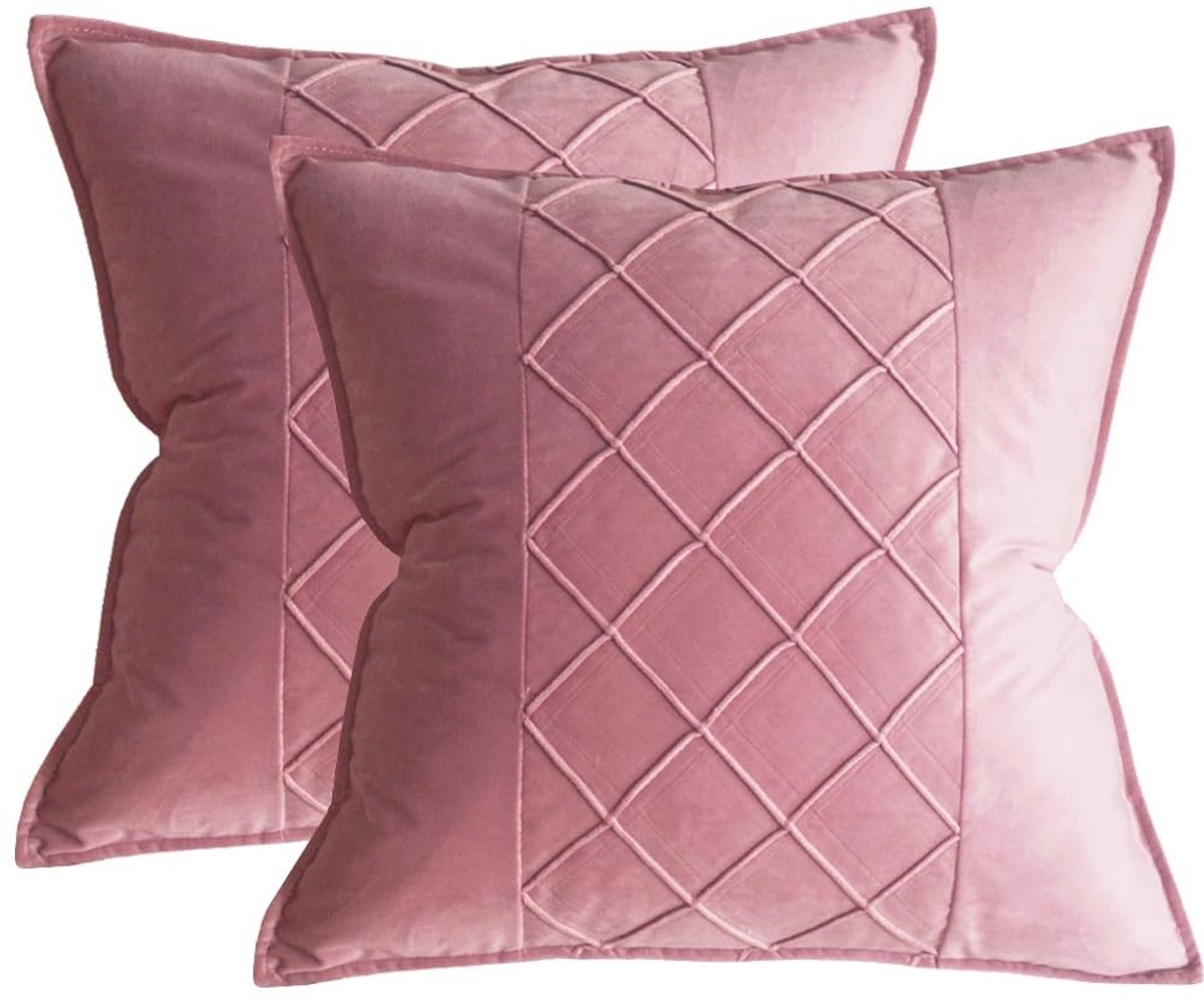 Solidchoice - Set van 2 Roze Velvet Kussenhoezen 45 x 45 cm met Ruitpatroon