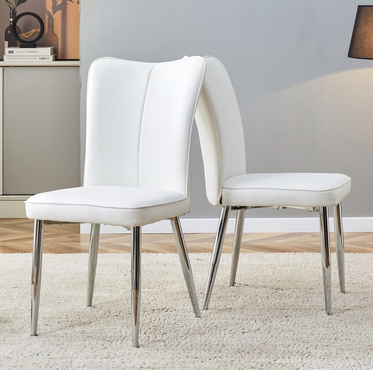 MIVRAY Eetkamerstoel Set van 2 45 x 44 x 89 cm Modern Design Met Hoge Rugleuning En Zachte Zitting Voor Eetkamer En Kantoor Kunstleer Wit Zilver