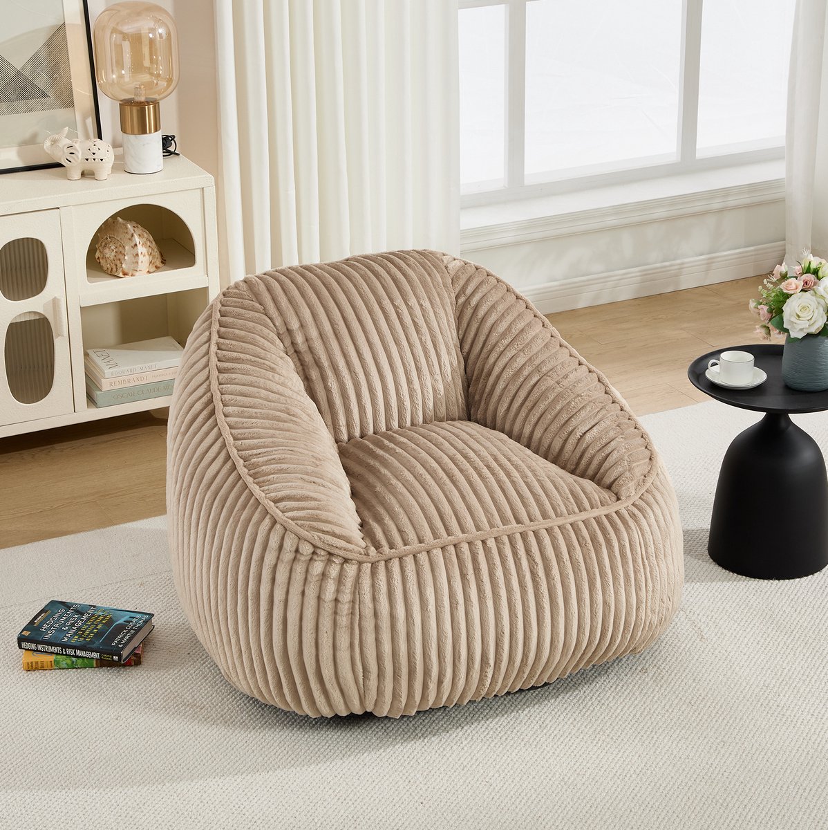 COVREO Zitzakstoel camel brown stof - met rugleuning - traagschuim vulling - voor woonkamer en slaapkamer