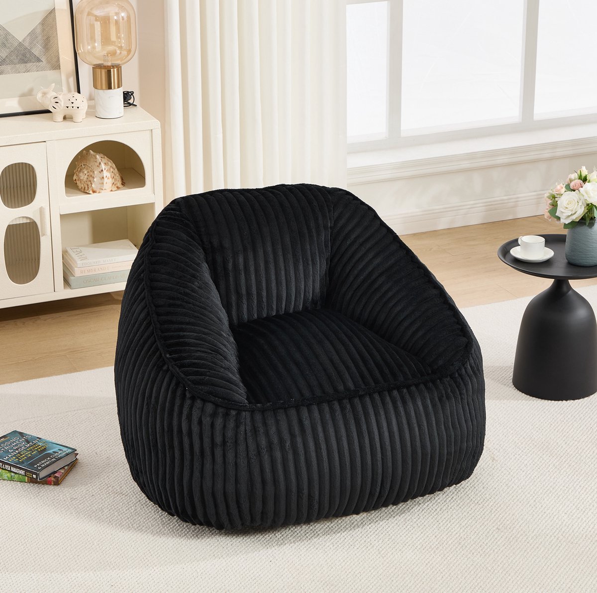 COVREO Zitzakstoel zwart chenille met rugleuning memory foam vulling voor binnen loungestoel
