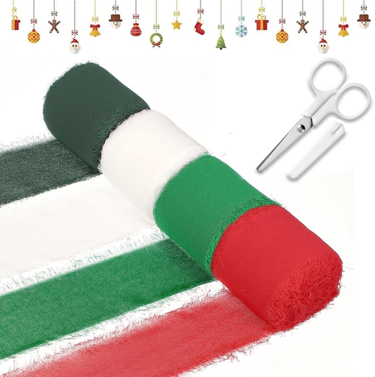 Elzusha - Set van 4 Kerst Cadeaulinten met Schaar en Diverse Maten