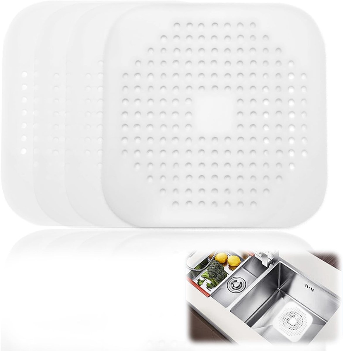 Set van 4 Witte Siliconen Afvoerfilters met Zuignap voor Keuken en Badkamer, 14.5 x 14.5 cm, Bescherming tegen Haar en Vuil
