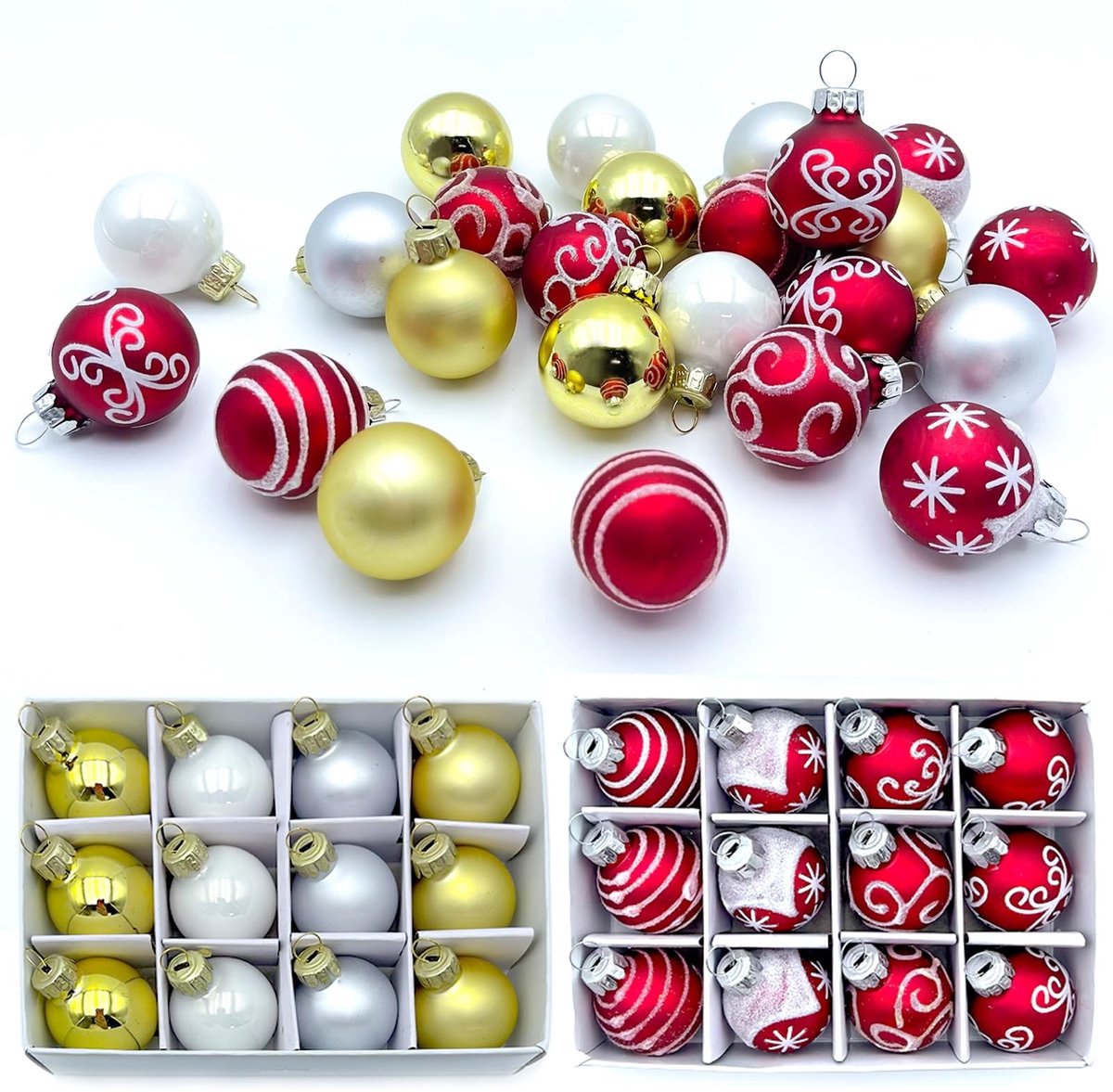 Elzusha - Set van 24 Glazen Kerstballen, 3 cm, Versieringen voor de Kerstboom