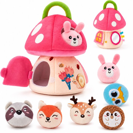 Leefico Pluche Speelgoed Paddestoel Roze - Sensorisch Baby Speelgoed Meisjes - Baby Speelgoed 6-12 Maanden - Montessori Speelgoed 1 Jaar - Baby Cadeau