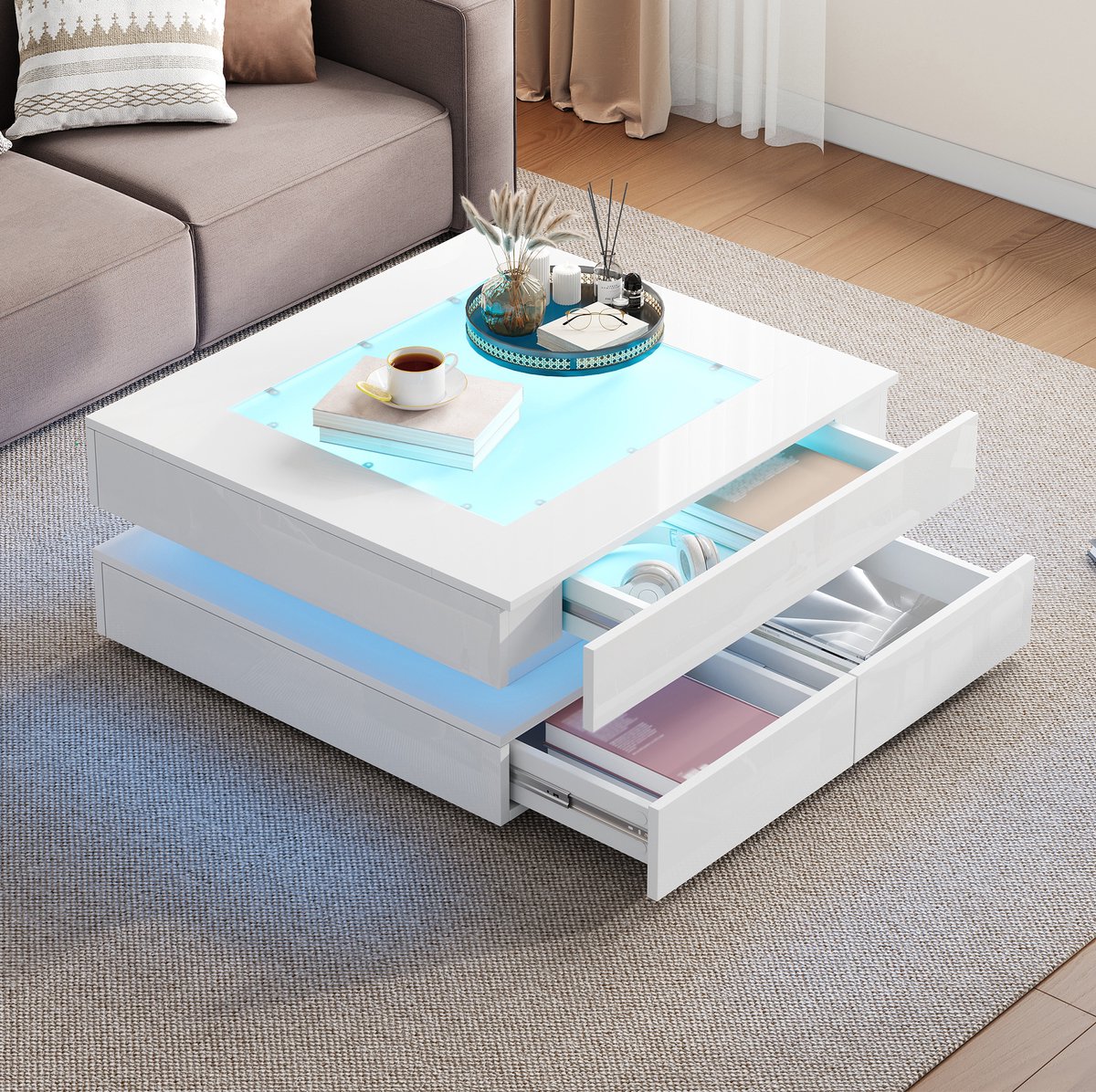 Wishdor Salontafel - Vierkant ontwerp met 3 lades en ledverlichting - Hoogglans afwerking met glazen blad - Modern - Woonkamer bijzettafel - Wit - 70 x 70 x 35 cm