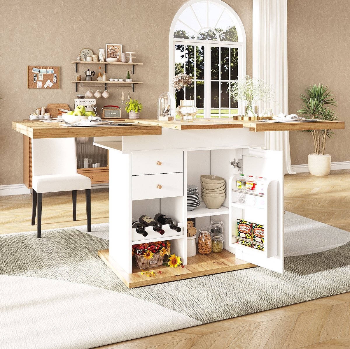 Wishdor Uitschuifbare eettafel - 110-140 x 80 cm - Met opbergruimte - Moderne stijl - Keuken woonkamer - MDF - Wit naturel - 110-140 x 80 x 75 cm