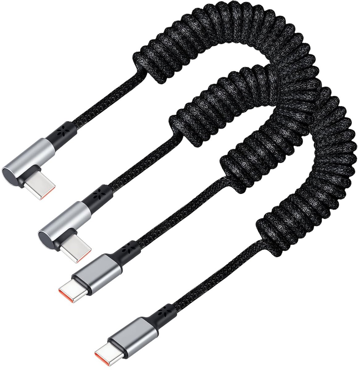 Krachtige 100W USB C naar USB C Coiled Kabel 90° - Snelladen en Gegevensoverdracht, Rekbare 1-1 m PD 3.0/QC 3.0 Type C Kabel voor Auto, Geschikt voor Smartphones en Tablets, Set van 2