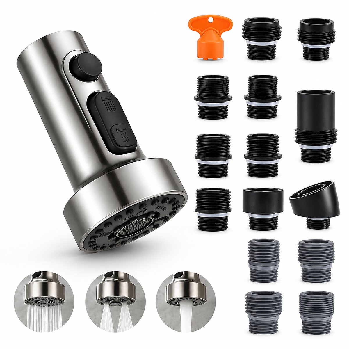 Tolvia Uittrekbare Keukenkraan Sproeikop - Universele Vervangende Kraankop - 15 Adapters - 3 Sproeistanden - Geborsteld RVS - Zilver
