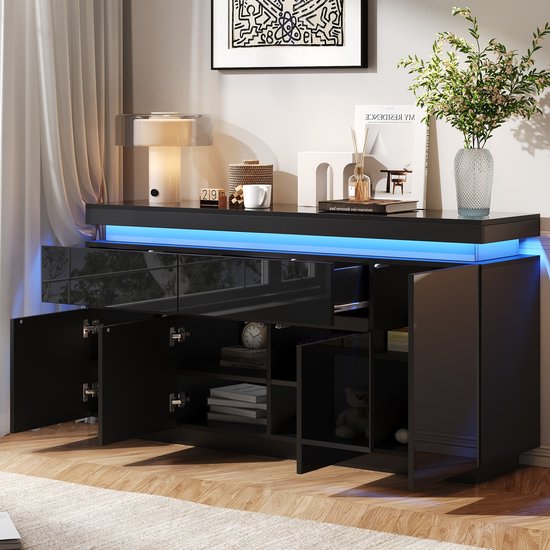 OKWISH Dressoir Zwart Hoogglans 2 Lades 4 Deuren LED Verlichting 140 X 35 X 72,5 Cm Opbergkast Voor Woonkamer En Eetkamer van okwish — afbeelding 4