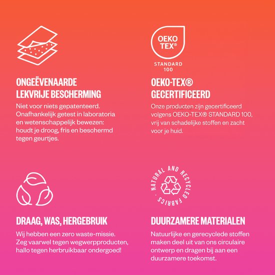 Drie lagen textiel: ongeëvenaarde lekvrije bescherming, OEKO-TEX gecertificeerd, duurzame materialen.