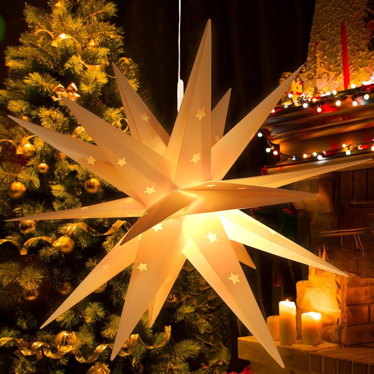3D Ster Lichtgevende Ster 45 cm Vouwbare Decoratie met Timer Functie voor Kerstboom, Feestjes en Balkon Versiering