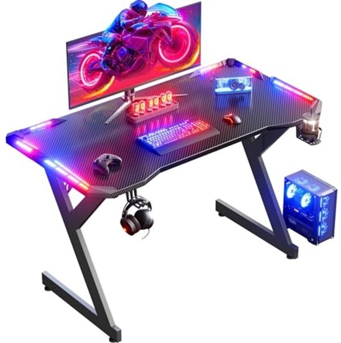 LED Gaming Bureau 100 × 60 cm - Ergonomische Gamingtafel met Bekerhouder en Haak voor Hoofdtelefoon - Zwart