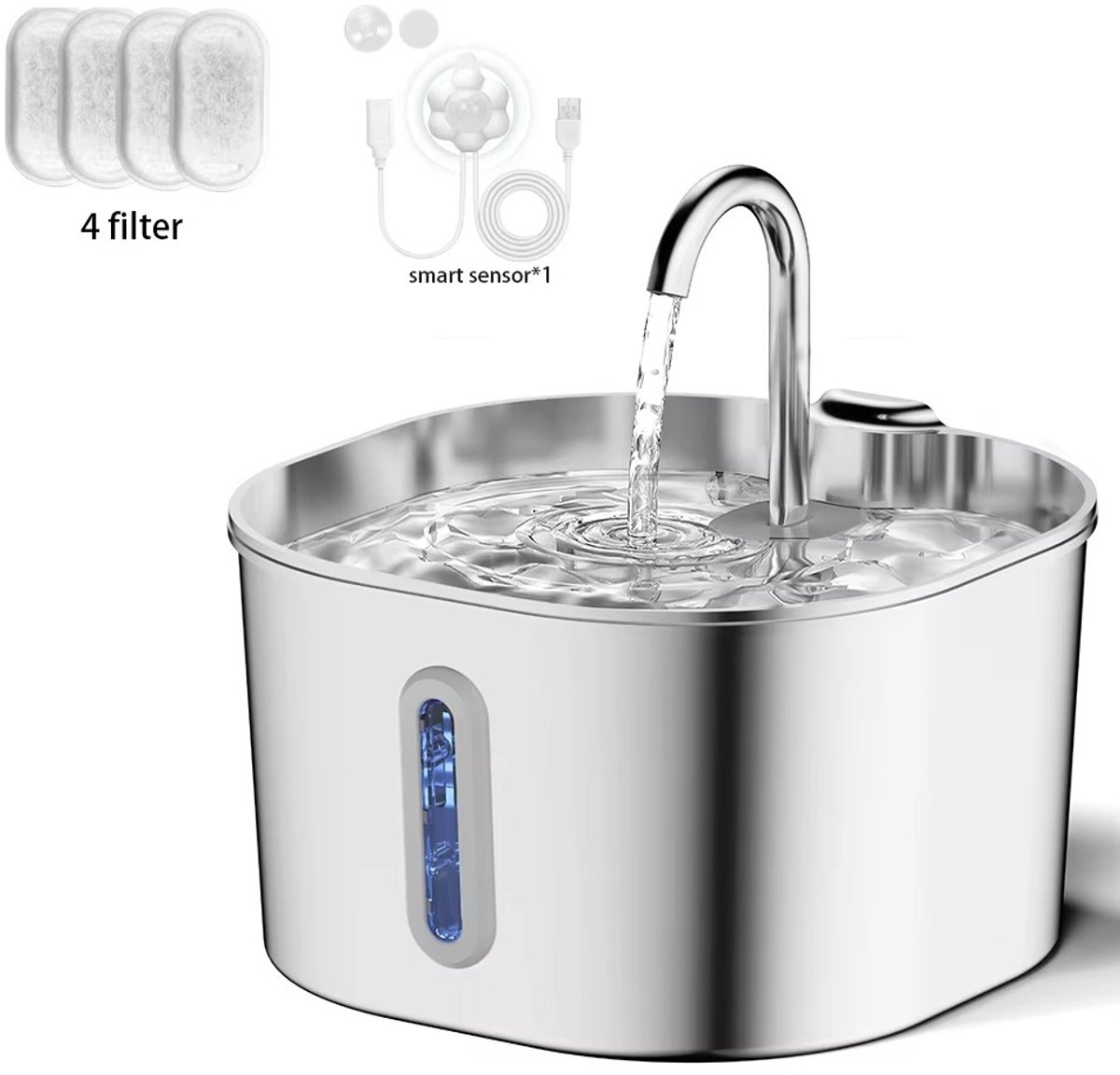 CreateEcom kattenfontein - katten drinkfontein - katten waterfontein - Inclusief sensor en 4 filters - 2.2L roestvrijstalen kattenwaterfontein