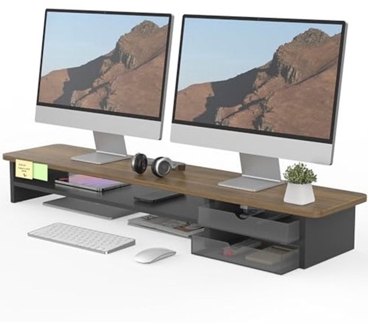Dubbele Monitorstandaard met Lades - Ergonomische Desktopverhoger voor PC/Laptop/TV