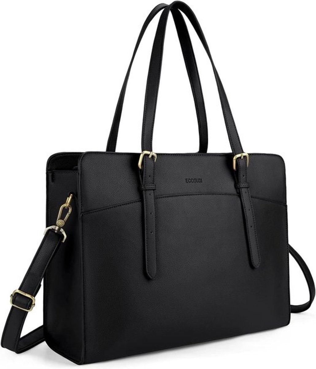 Stijlvolle Leren Laptop Handtas voor Dames - 15.6 Inch Schoudertas voor Werk en Zakelijk Gebruik - Ruime Shopper in Zwart