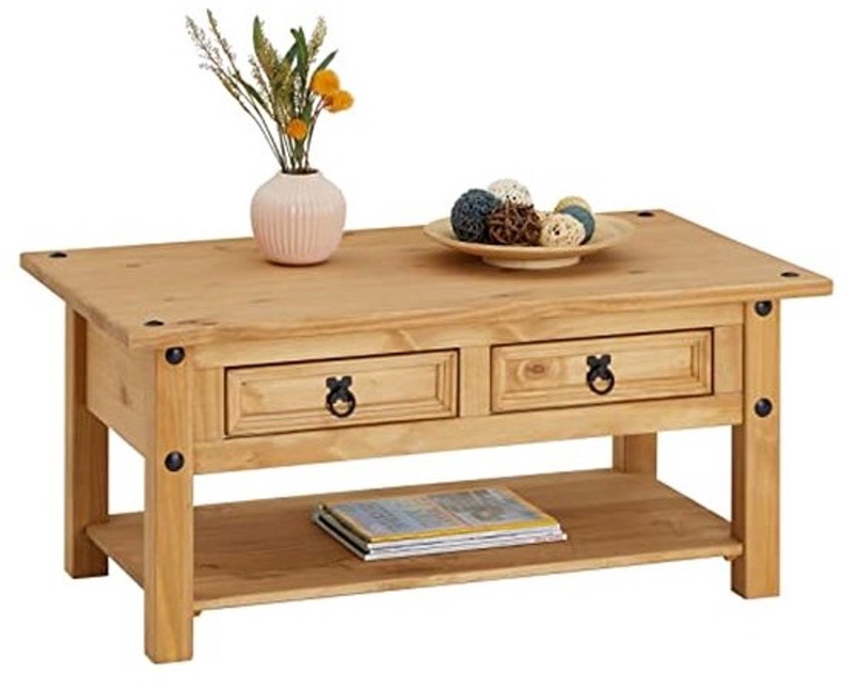 Massief Grenenhouten Salontafel met 2 Laden en Plank in Natuurlijk Design