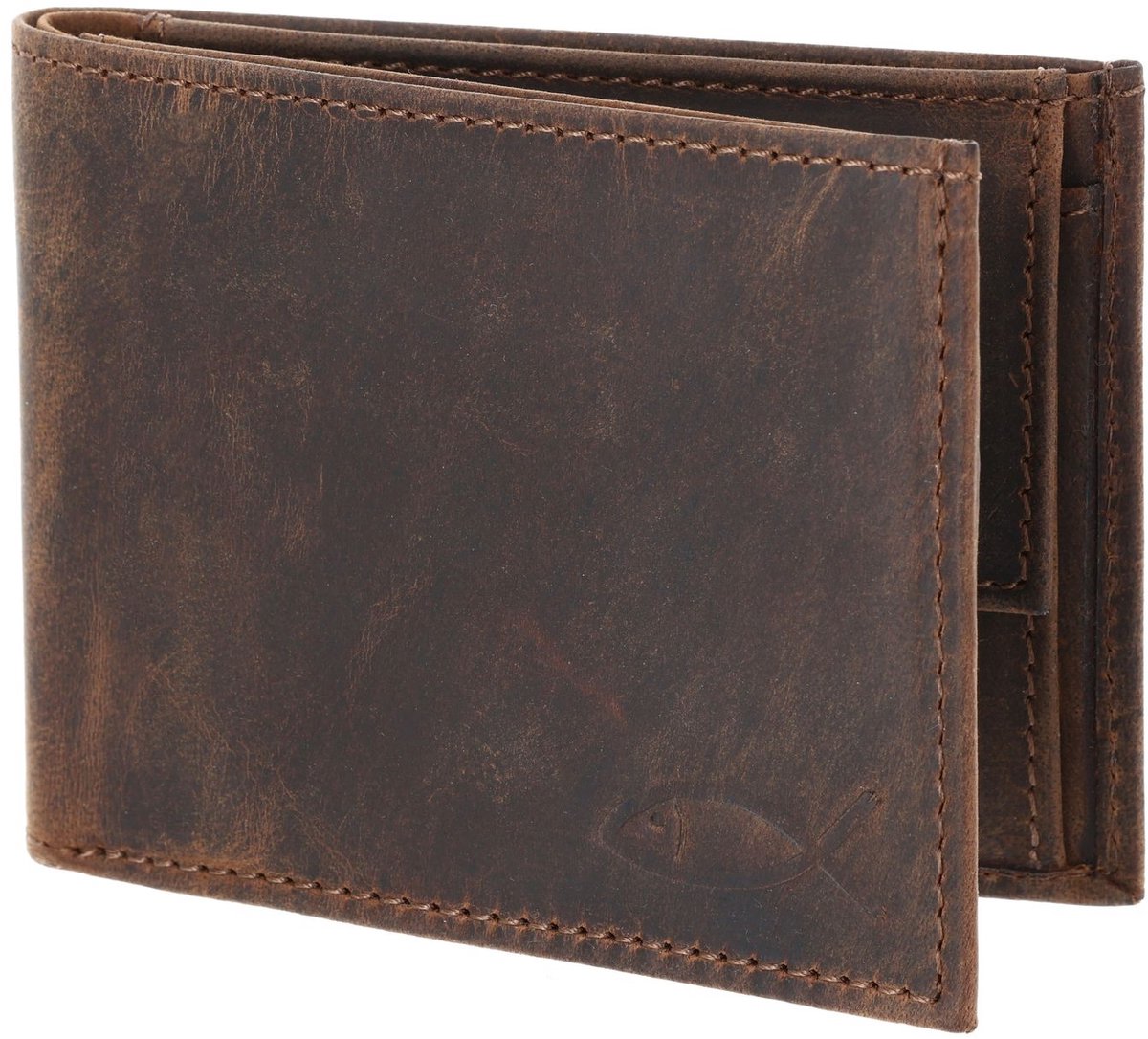 oxmox Leren portemonnee Leather RFID Protect Pocketbörse Freedom Fish Embossed Vintage Dark Brown donkerbruin