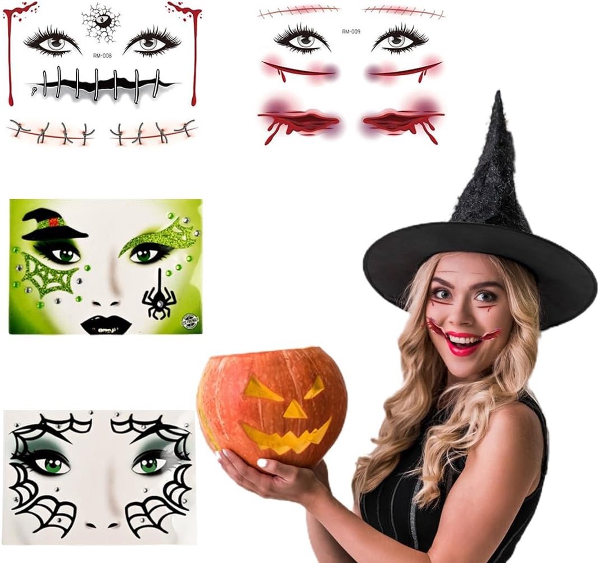 Carnaval Gezichts Tattoos Set van 4, Halloween Dag van de Doden, Schedel en Skelet Design voor Kinderen en Volwassenen, Make-up Stickers voor Kostuums
