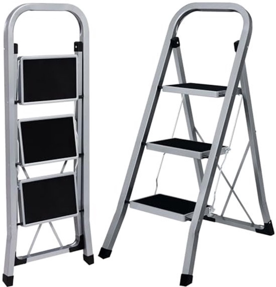 Trapladder met 3 Treden - Inklapbare Keukenladder tot 150 kg Draagvermogen - Antislip en Ruimtebesparend Ontwerp