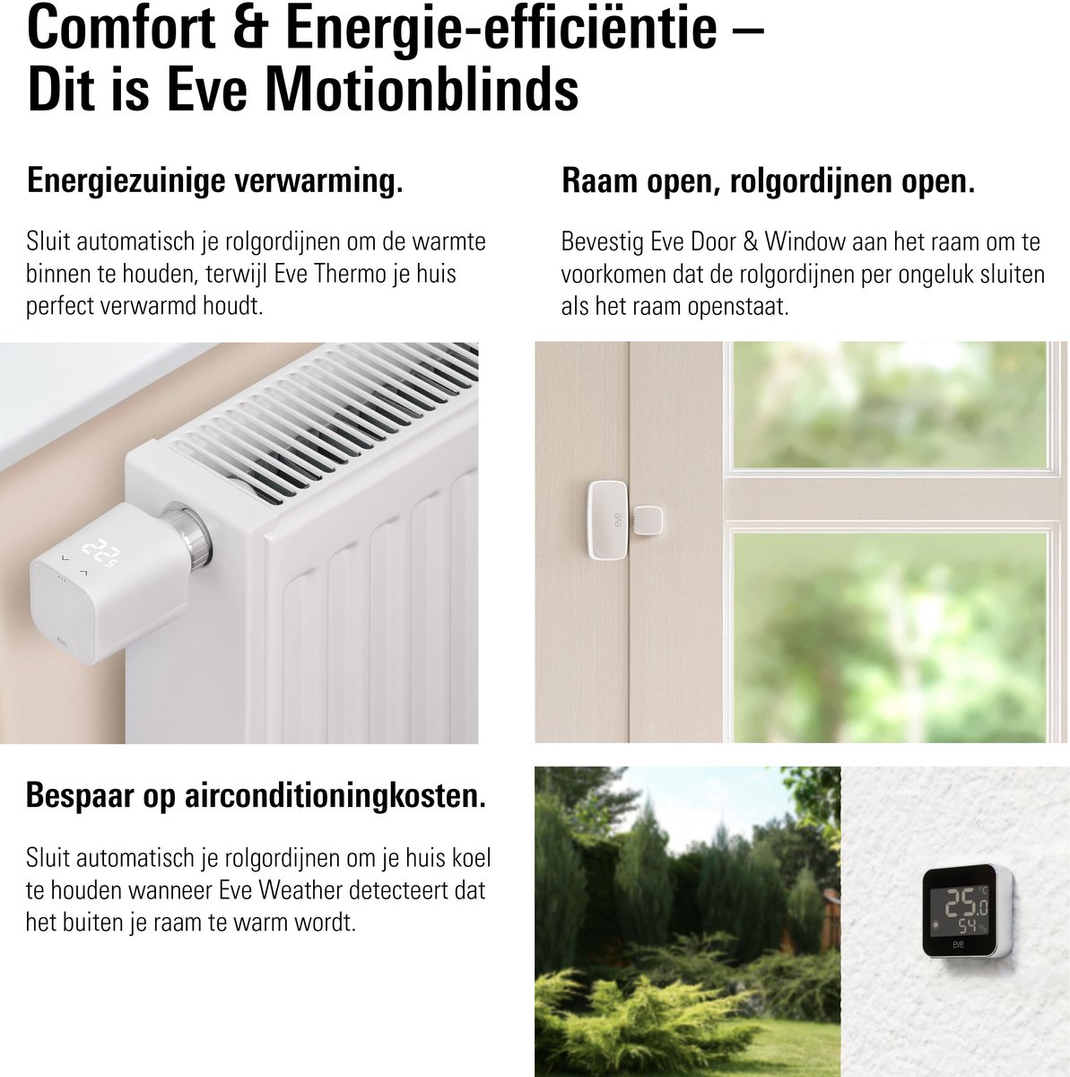 Eve Motionblinds (Matter) - Slim elektrisch rolgordijn voor binnen, app-/spraakbediening, schema's, verduisterend, oplaadbare accu, vrijhangend, schroefmontage, automatiseringen, vereist een hub, wit - 190x190cm