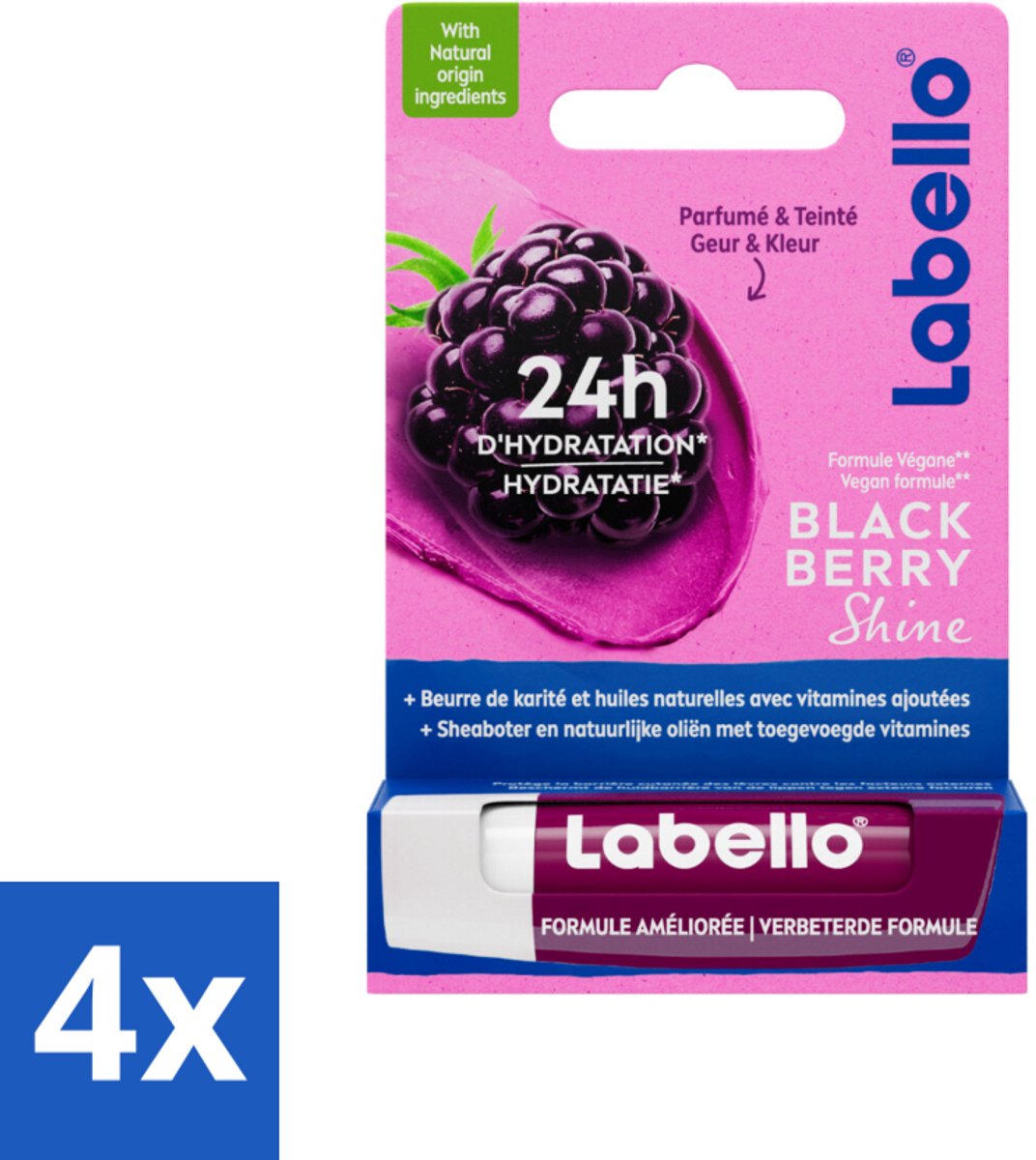 Labello – Lippenbalsem – Blackberry Shine – Lippenbalsem – Shea Boter & Jojoba Olie – 5,5 ml - Voordeelverpakking - 4 stuks