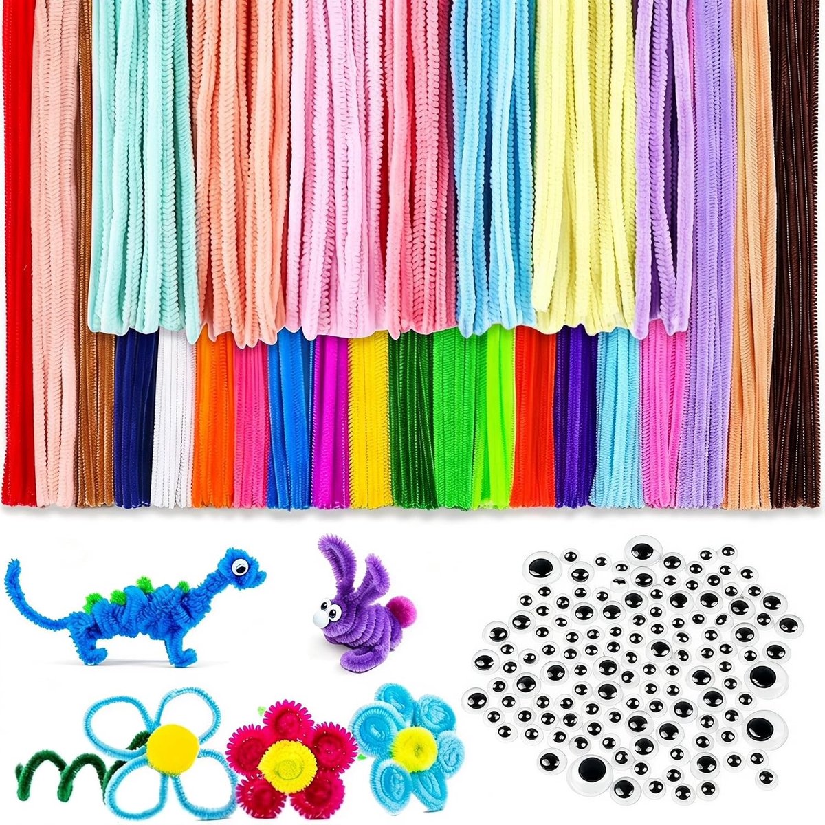 Set van 400 Pijpenragers in 27 Kleuren met 100 Zelfklevende Wobble Ogen voor Creatieve Knutselprojecten, 30 cm x 6 mm, Ideaal voor Kinderen en DIY Activiteiten