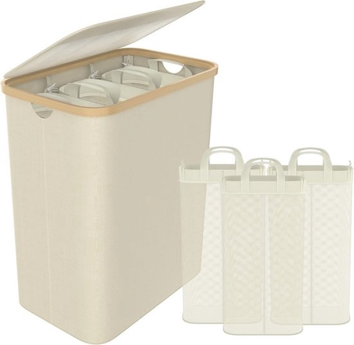 Wasmand met deksel voor 3-vaks scheiding - 140L wasboxen met handgrepen