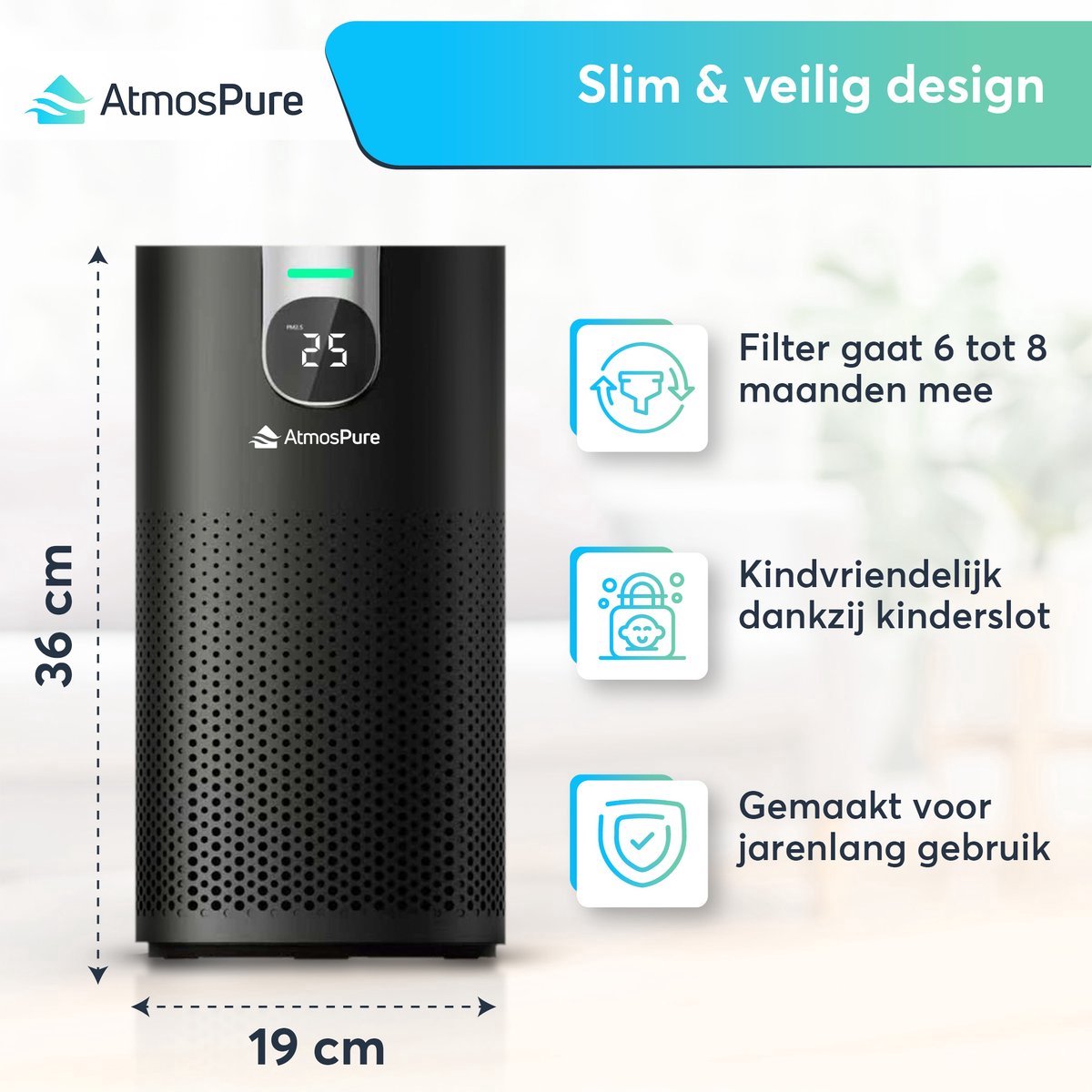 AtmosPure® CleanAir Luchtreiniger - Air Purifier met vervangbaar HEPA 13 Koolstof filter + Extra filter - CADR 250 m³/h - Zwart - Voor 98 m² - Werkt tegen huisstofmijt, hooikoorts, allergie, -3 standen + stille slaapstand - Luchtkwaliteit Sensor thumbnail 6