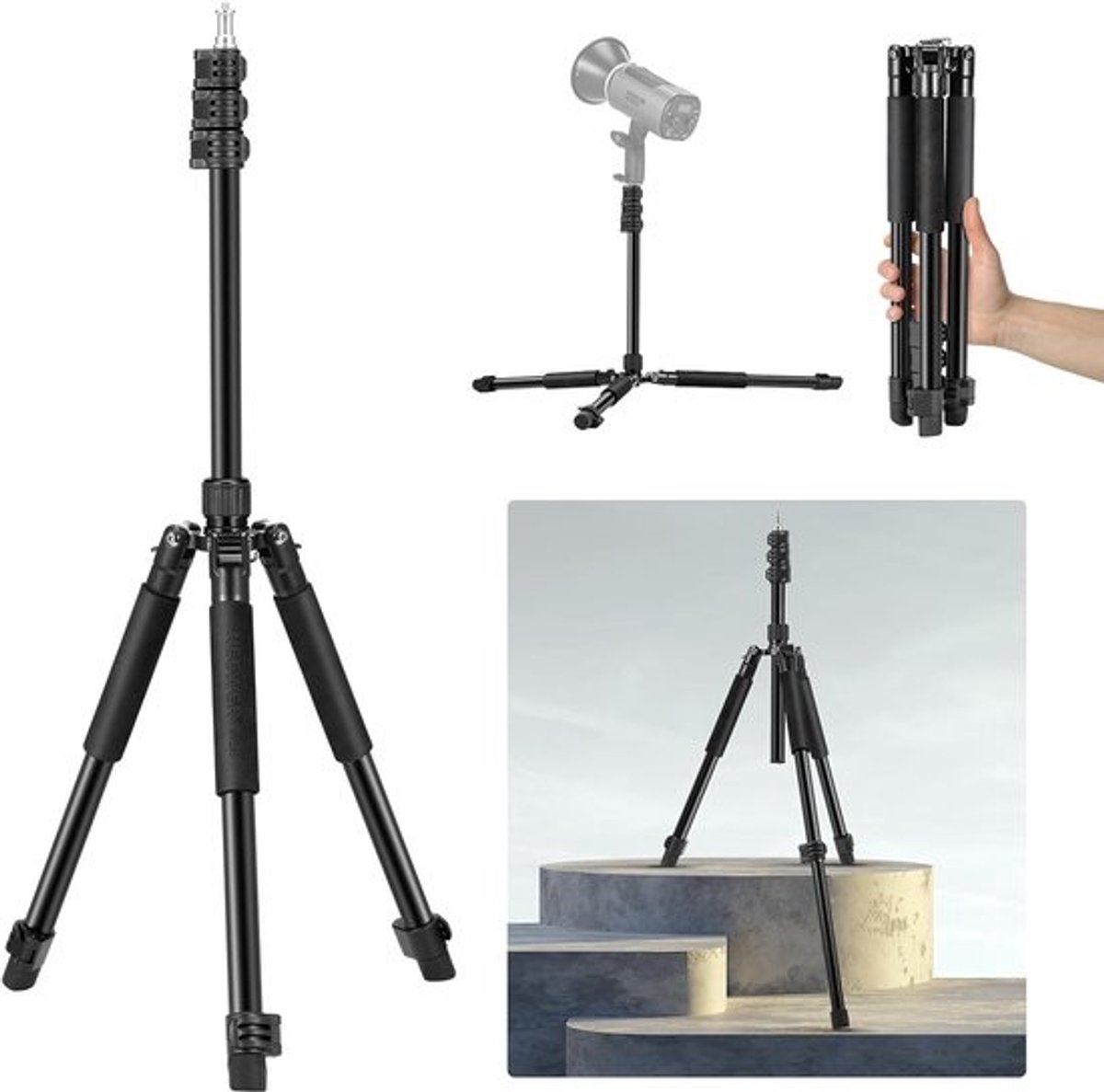 Draagbaar Aluminium Verlichtingsstatief voor Fotografie - Verstelbaar van 1.5-6.4ft/47-195cm, Compact Ontwerp voor Actiecamera’s en Softboxen
