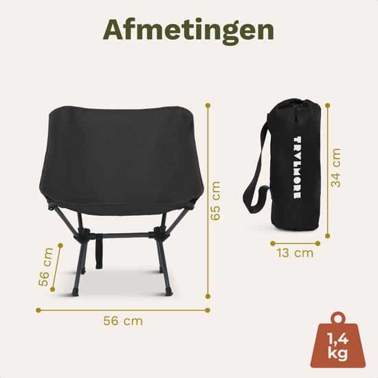 TRVLMORE Campingstoel - Opvouwbaar - 100KG Draagvermogen - Incl. Draagtas - Klapstoel - Visstoel - Kampeerstoel - Vouwstoel - Zwart van Merkloos — afbeelding 5