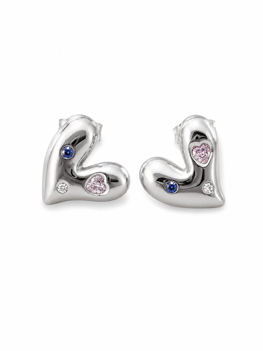 Oorbellen Hartje- Kinder oorbellen- Tiener oorbellen - Oorbellen Hart -Oorbellen met strass- Roze Blauw Zilver- LiLaLove- Diamantjes Hartjes- Meisjes oorbellen Zilver- Stainless Steel