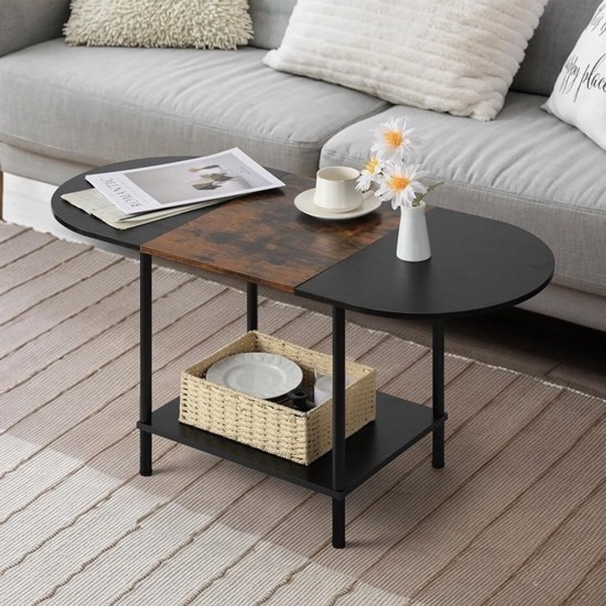 Kleine Salontafel - Bijzettafel Woonkamer - Ruimte Besparen - Industrieel Design - 39 x 90 x 47 cm - Bruin Zwart