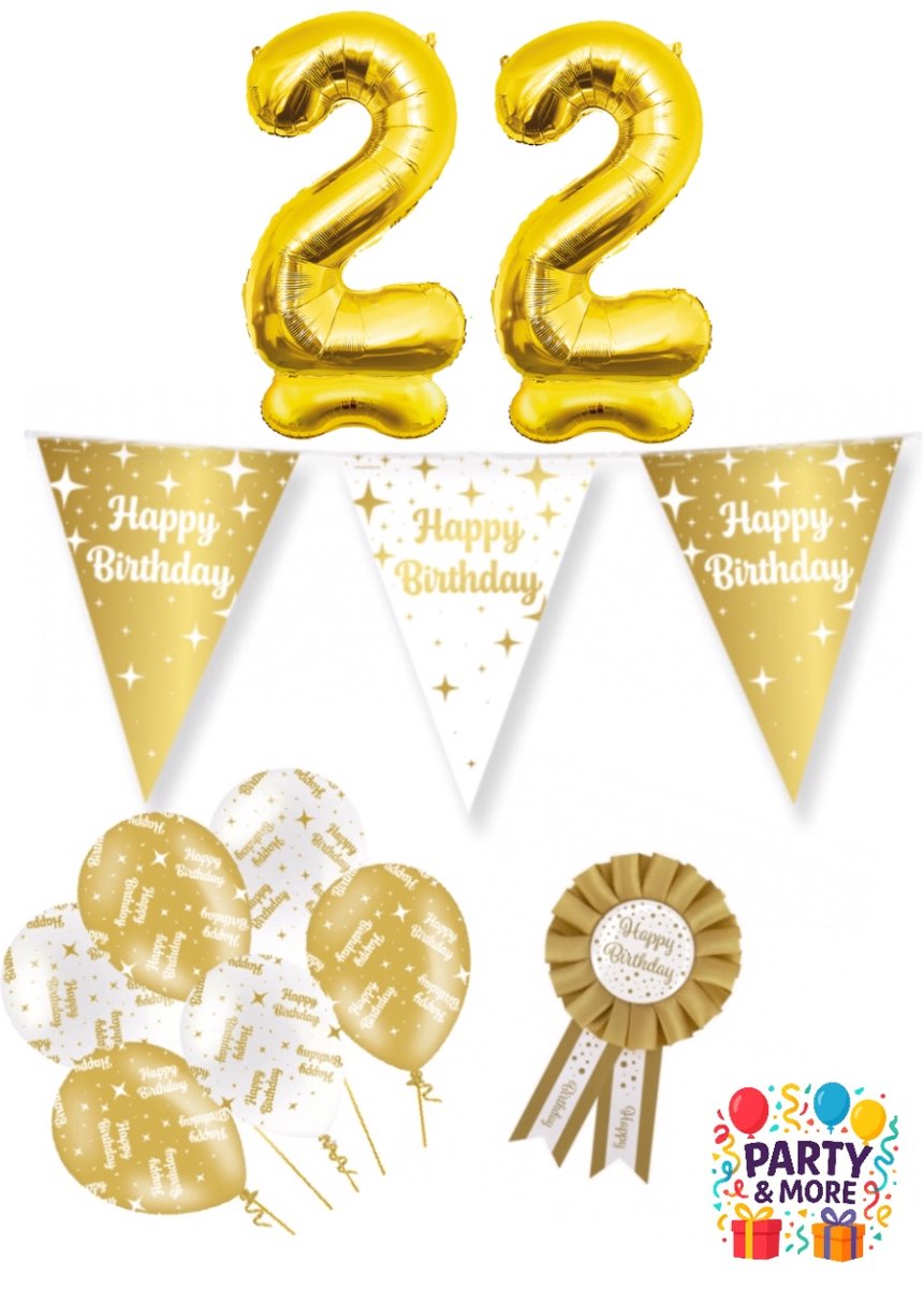 Party & More - 22 jaar - verjaardag versiering - ballonnen - slinger - cijferballon - Luxe Gouden Feestdecoratie Set – Compleet Pakket – versiering - verjaardag
