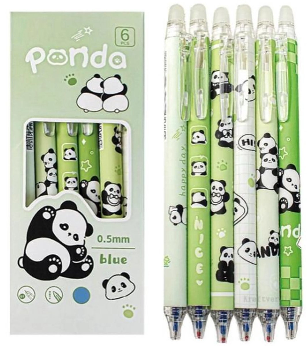 casalora - Panda pen - Panda spullen - Pennen 6 stuks - Uitwisbare pennen - Blauw inkt - Sneldrogende pennenset - School spullen - Jongens en Meisjes - Schattige Dieren - Feestcadeaus