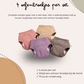 Set van vier katoenen oefenbroekjes in roze, beige, paars en bruin, om zindelijkheid te oefenen.