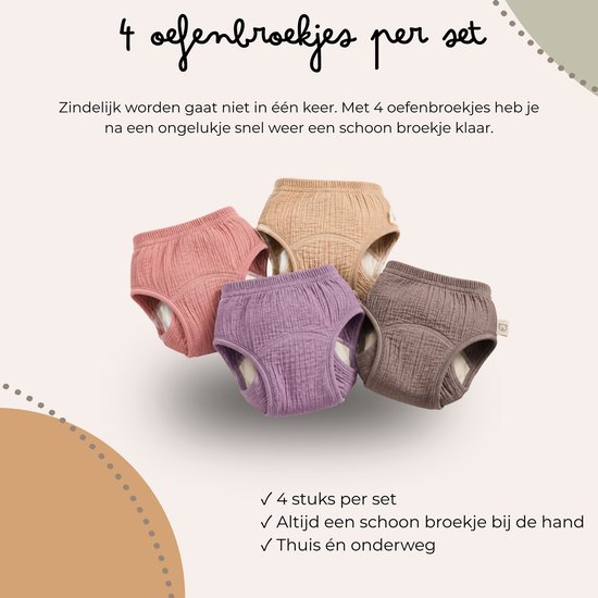 Set van vier katoenen oefenbroekjes in roze, beige, paars en bruin, om zindelijkheid te oefenen.