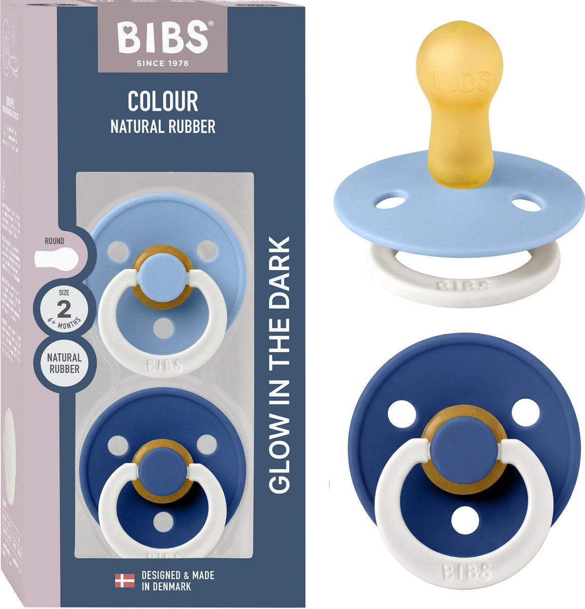 BIBS Colour Glow Fopspeen - 6-18 mnd - 2-pack - Rond - Sky Blue/Cornflower