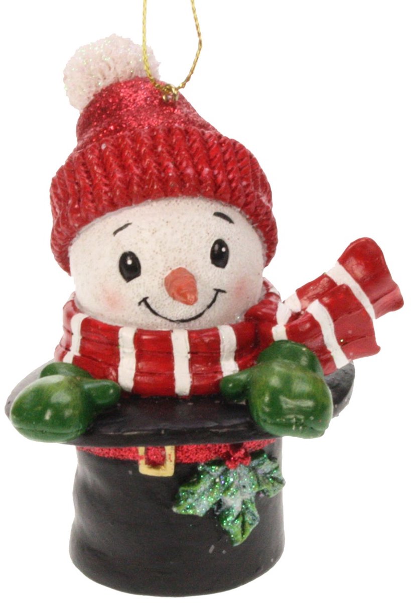 Ornament Sneeuwpop met muts in hoed 6x6x9cm