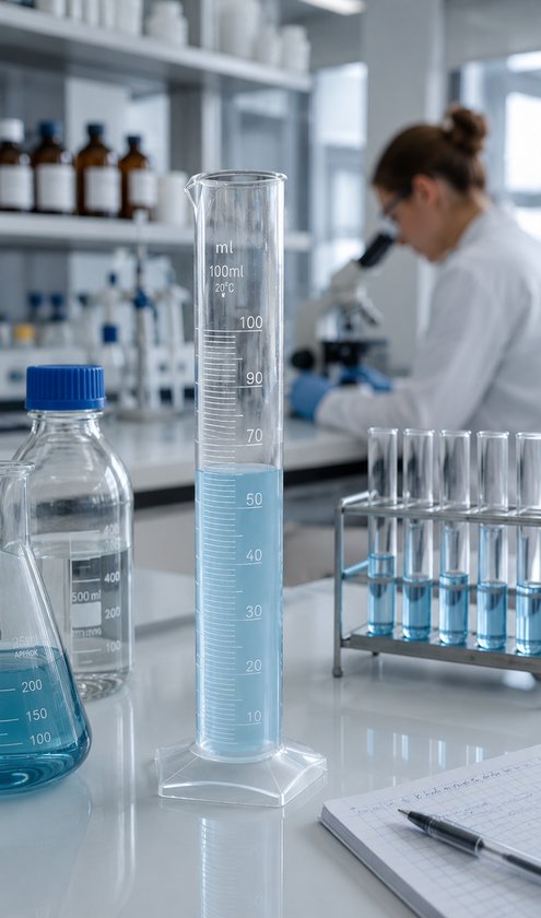 Maatcilinder van 100 ml met blauwe vloeistof in een laboratorium, met een vrouw die door een microscoop kijkt op de achtergrond.