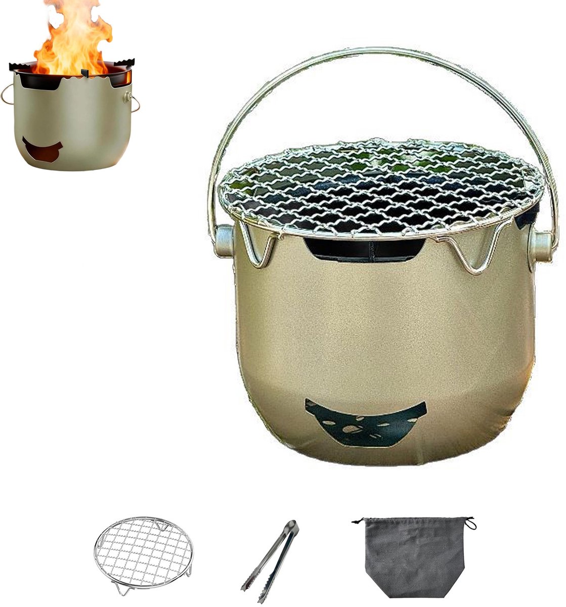Barbecue - Kampeerkachel - Mini barbecuekachel - Buitenkooktoestel - Houtskoolkachel - Draagbaar ontwerp - Met handgreep - RVS - 16.8×13.8×12 Cm - Geschikt voor kamperen, picknick, buitenbarbecue, wandeltochten, tuinactiviteiten - Donkergroen