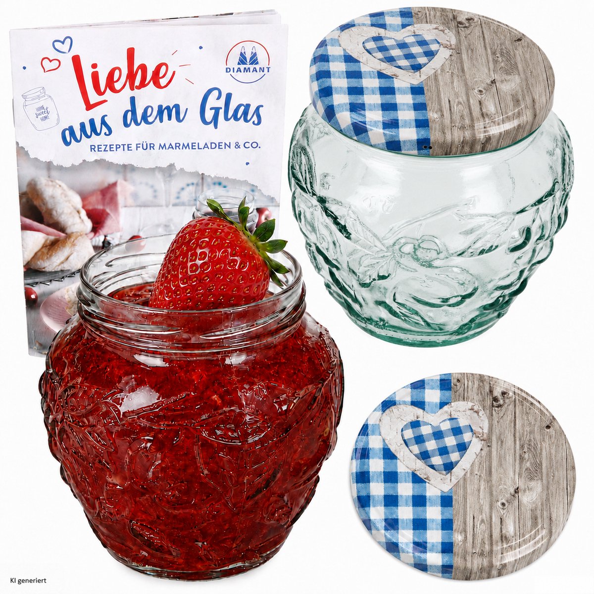 2-delige set jamfles 580ml FRUTTA VASO met fruit-relief + TO82 deksel houten hart blauw