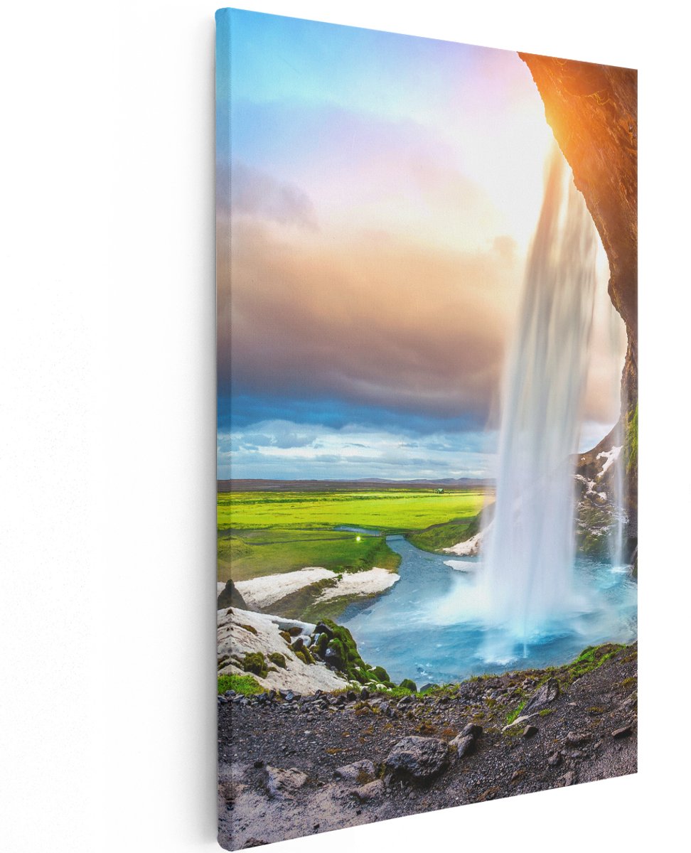 Artaza Canvas Schilderij Waterval Van Een Klif Bij Zonsondergang - 100x150 cm - Groot - Wanddecoratie Woonkamer - Schilderijen - Muurdecoratie