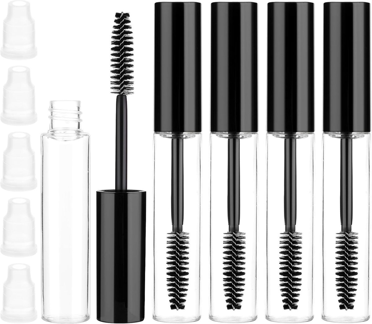 Set van 5 Lege 10ml Oogschaduw Containers met Borstels voor Castorolie, Kokosolie en Wenkbrauwgroei, Inclusief 5 Rubberen Inzetstukken, Zwart