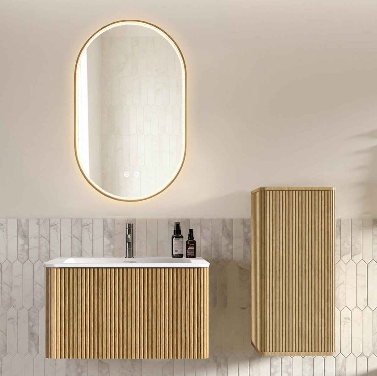 STILVORA Badkamerkast - Hangend Badmeubel Met Wastafel, Led Spiegel En Zijkast - Voor Kleine Badkamer En Toilet - Houtlook - 80 Cm - Eiken