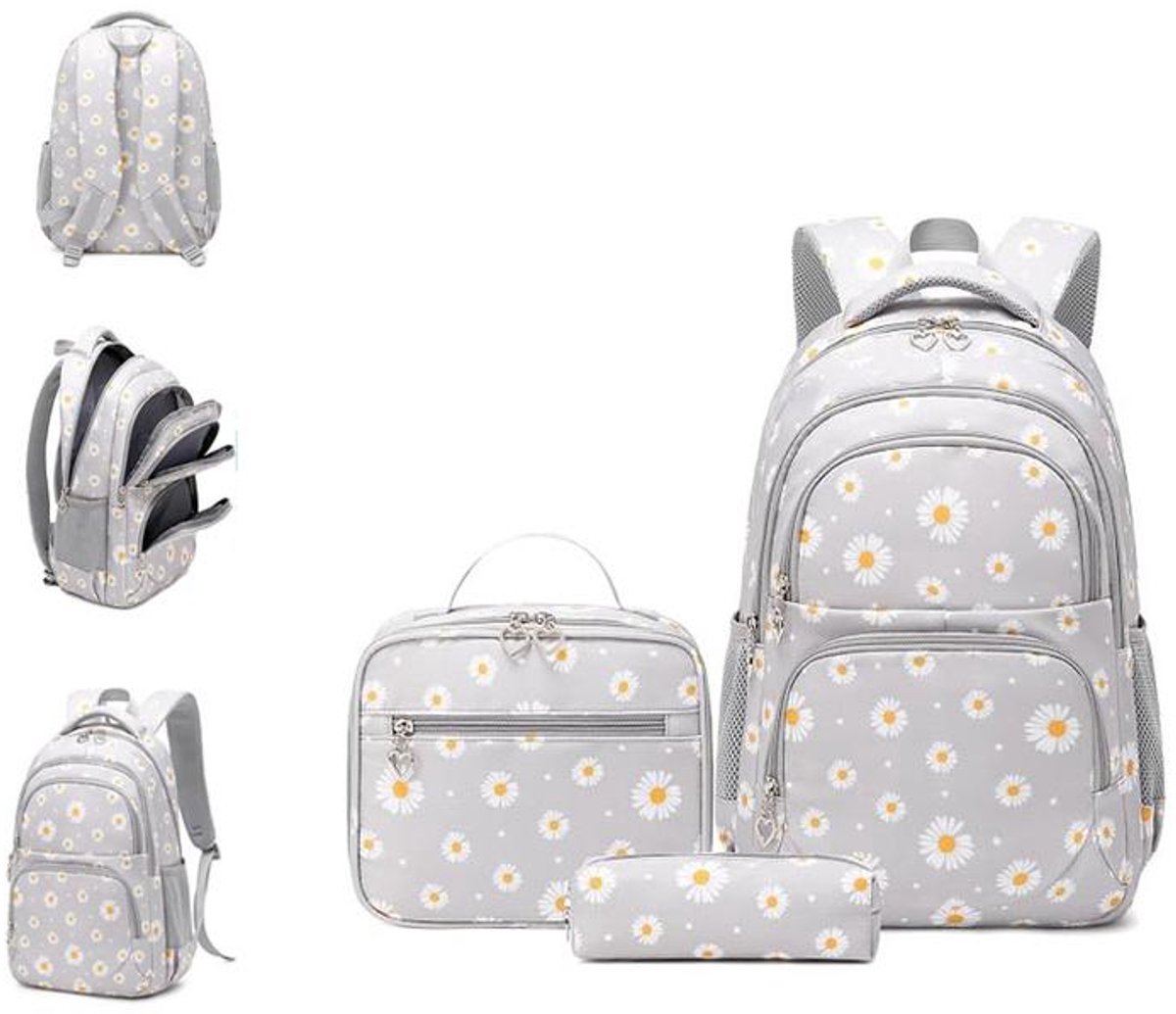 KZQ Schoolrugzak meisje - 3-delige set met lunchtas en etui, ruime dagrugzak - Voor school, reizen en dagelijks gebruik - Bloemenprint